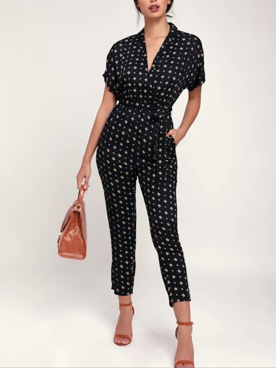 Billabong Pants - S/M Billabong Bed Story Black Geometric Print Short Sleeve Belted Jumpsuit